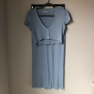 Reformation Two Piece Ribbed Cropped Cardigan Midi Skirt Set Light Blue Size S